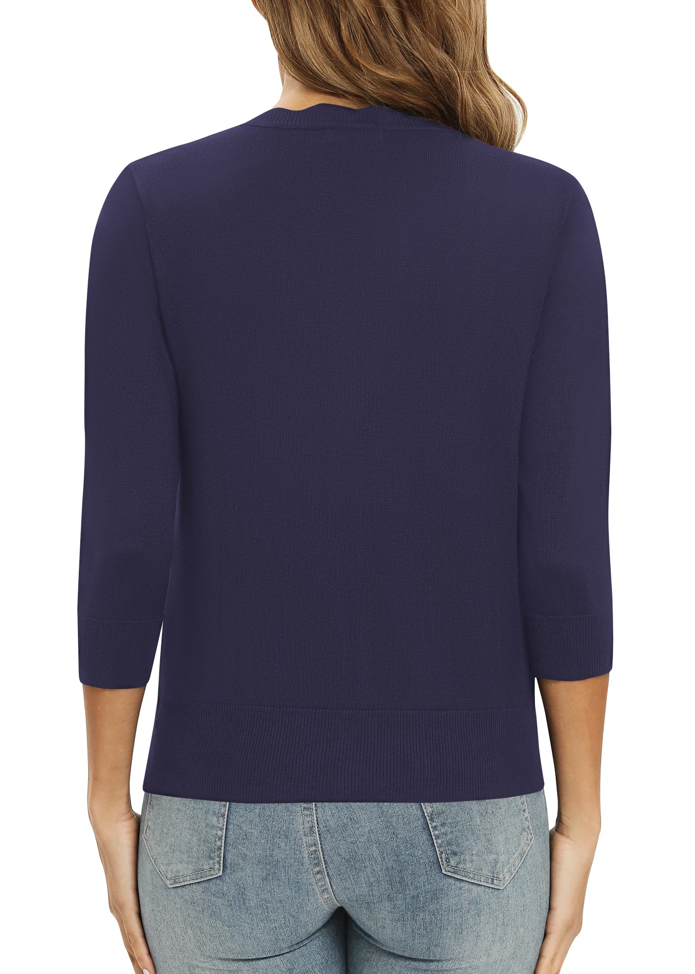 EXCHIC Femmes Daily 3/4 Manches Bouton Down Pulls Col en V Couleur Unie élastique Léger Mince Tricot Cardigan