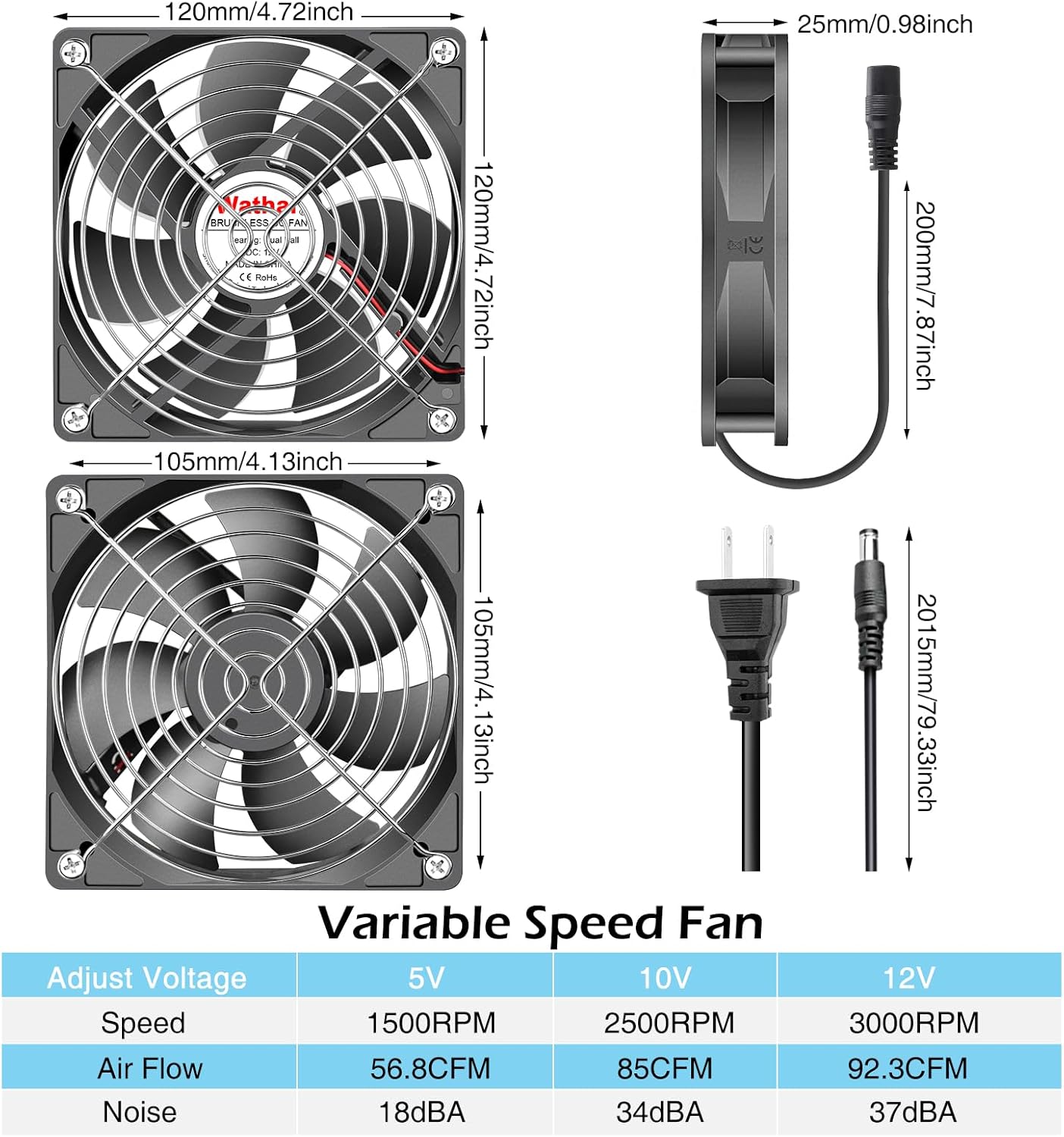 Wathai 120mm Muffin Fan Dual Ball with AC 110v - 240V Speed Control High Performance for Doorways, Wood Stoves, Fireplaces 2 Pack