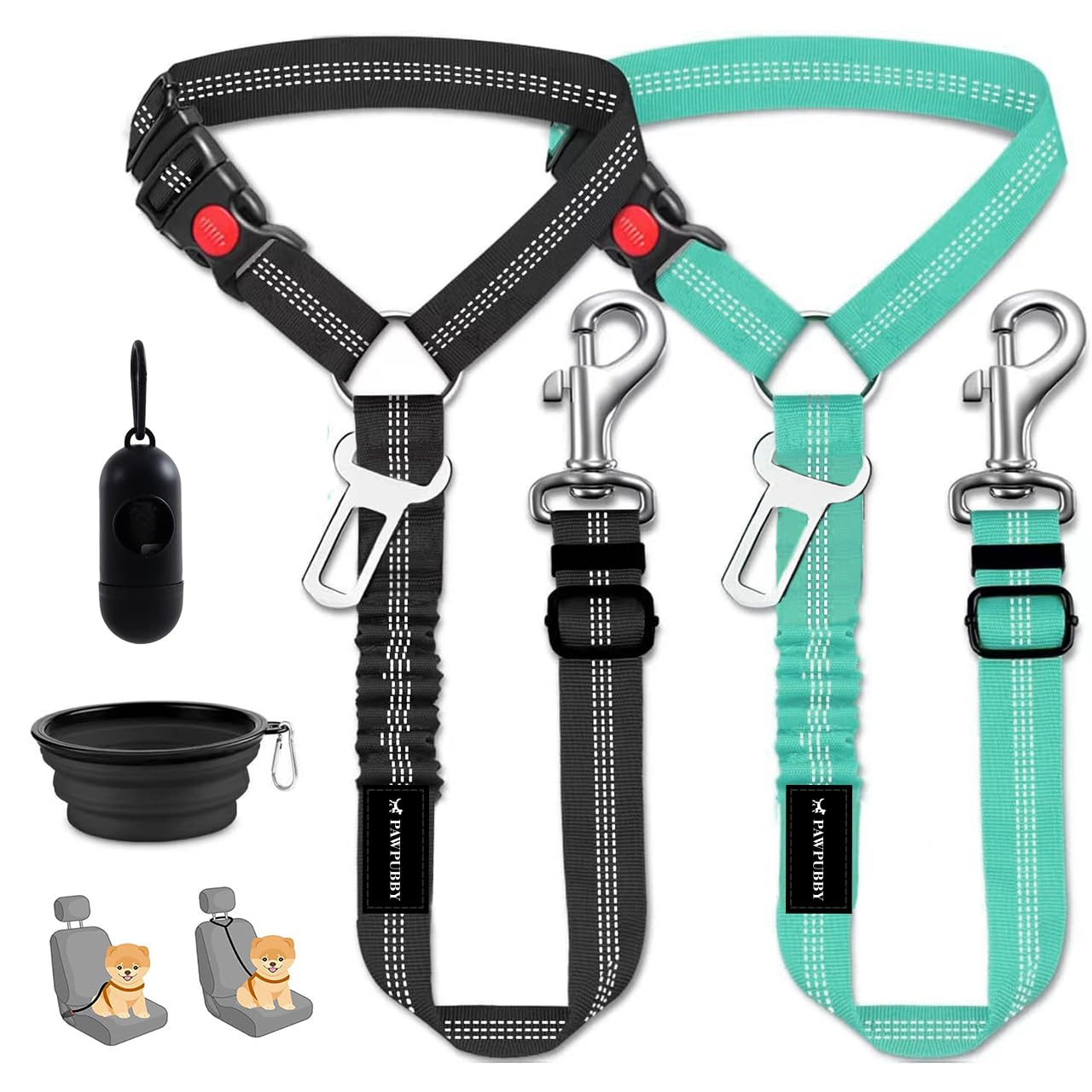 PAWPUBBY Dog Car Seat Belt - Adjustable Pet Safety Harness, Crash Tested Vehicle Restraint for Small Medium Large Dogs, Vehicle Seatbelt Clip & Tangle-Free Design for Safe Travel (Lake Green+Black)