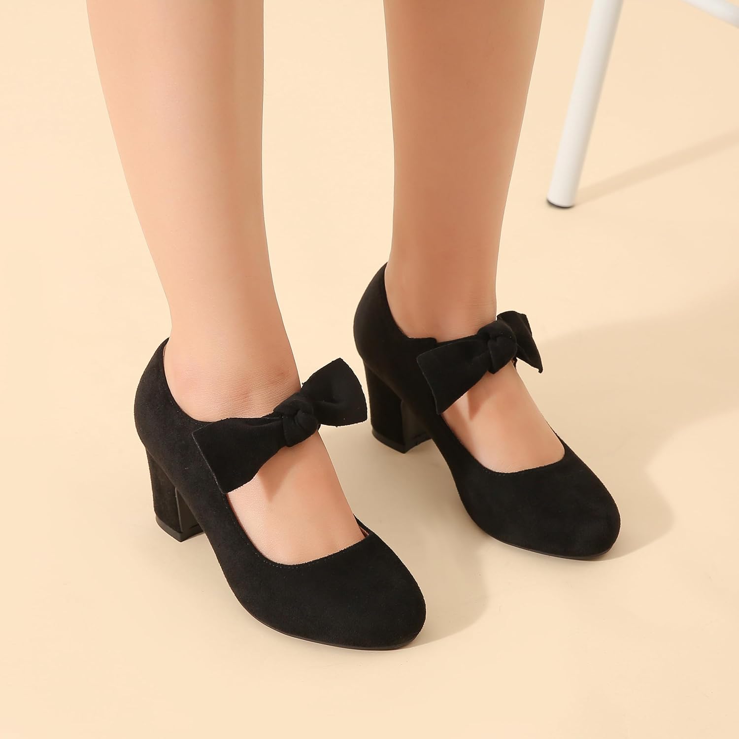 Women's Bow Mary Jane Low Block Chunky Heels Pumps Closed Round Toe Low Heels Ankle Strap Wedding Dress Evening Party Shoes - Image 2