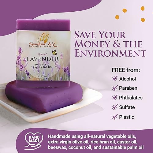 Miniatura 6 de Barra de jabón hecha a mano de lavanda, suave con oliva orgánica, salvado de arroz y aceite de ricino, esenciales de lavanda húngara y búlgara, 5