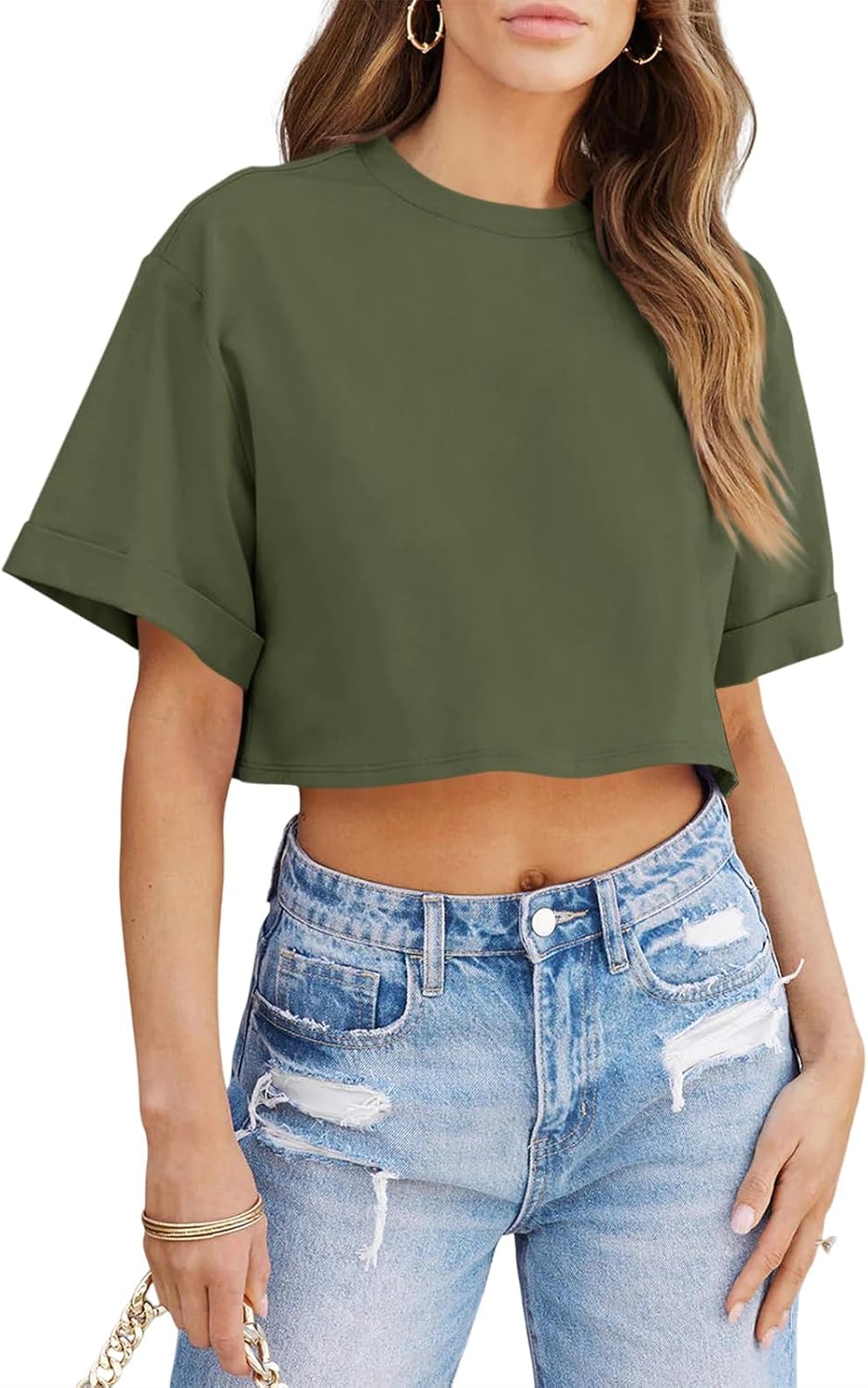 Tankaneo Women Crop T-Shirts Half Sleeve Drop Shoulder Cropped Tops Y2K Casual Summer Basic Tees - Image 2