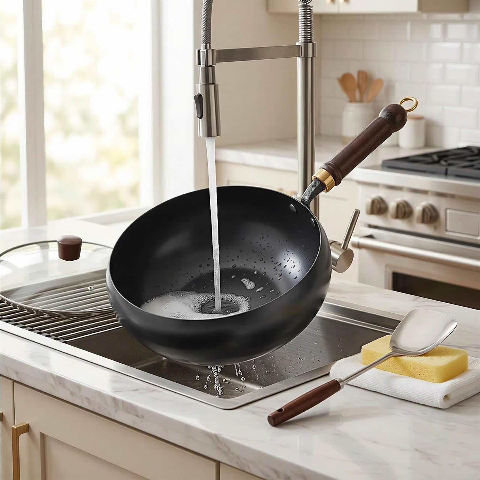 pentola wok in ferro 28 cm, non rivestita, forgiata a mano | antiaderente naturale, resistente e antiruggine, fondo tondo, compatibile con gas e induzione, con coperchio in vetro