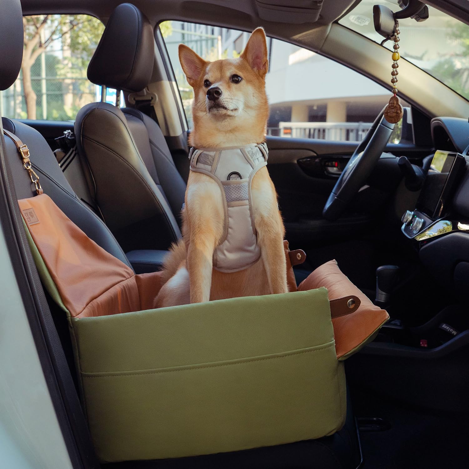 FUNNYFUZZY Dog Car Seat for Small Dogs, Waterproof Dog Booster Car Seat, Faux Leather Pet Car Seat Travel Bed with Thick Cushion, Car Seat for Dogs (Orange Green, 19.69