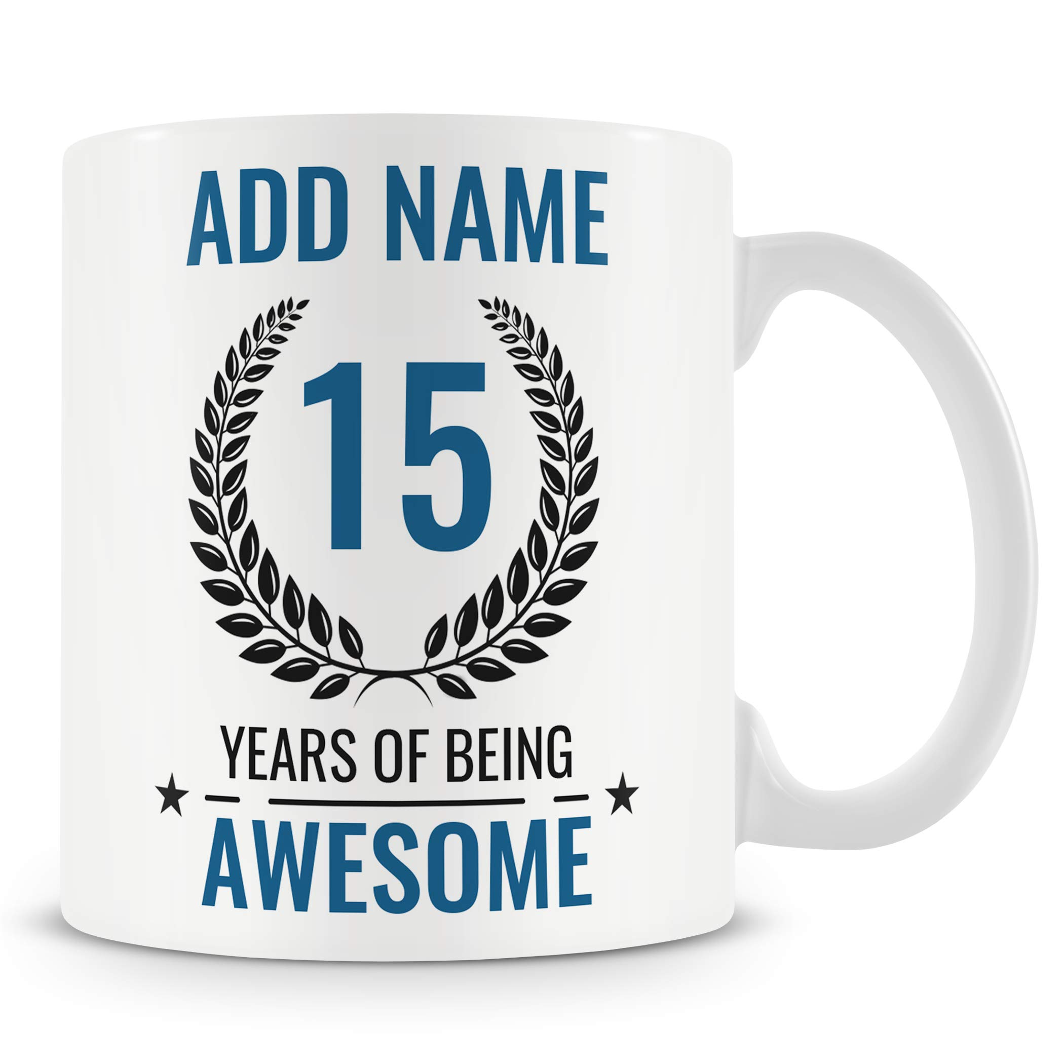 MUGGZ Personalised 15th Birthday Mug for Boys – Add Name – “15 Years of Being Awesome” – Blue Design – Teen Boy Birthday Gift – Dishwasher & Microwave Safe Ceramic Mug 11oz — image 1