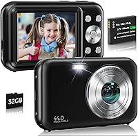 Vista 1 de Cámara digital, FHD 1080P 44MP Cámara de vlogging con tarjeta de 32 GB, zoom 16X antivibración, cámara digital compacta de punto de viaje y disparo