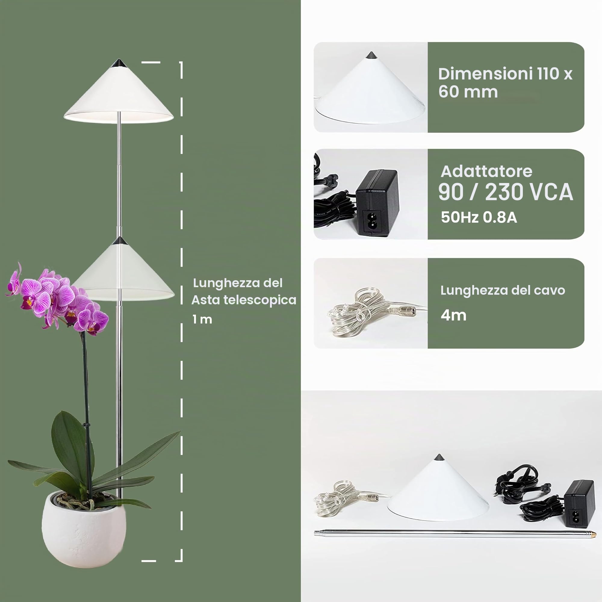 Parus by Venso SUNLiTE pianta lampada 7W bianco, lampada di crescita a LED con asta telescopica, luce di crescita per piante da interno e piante verdi