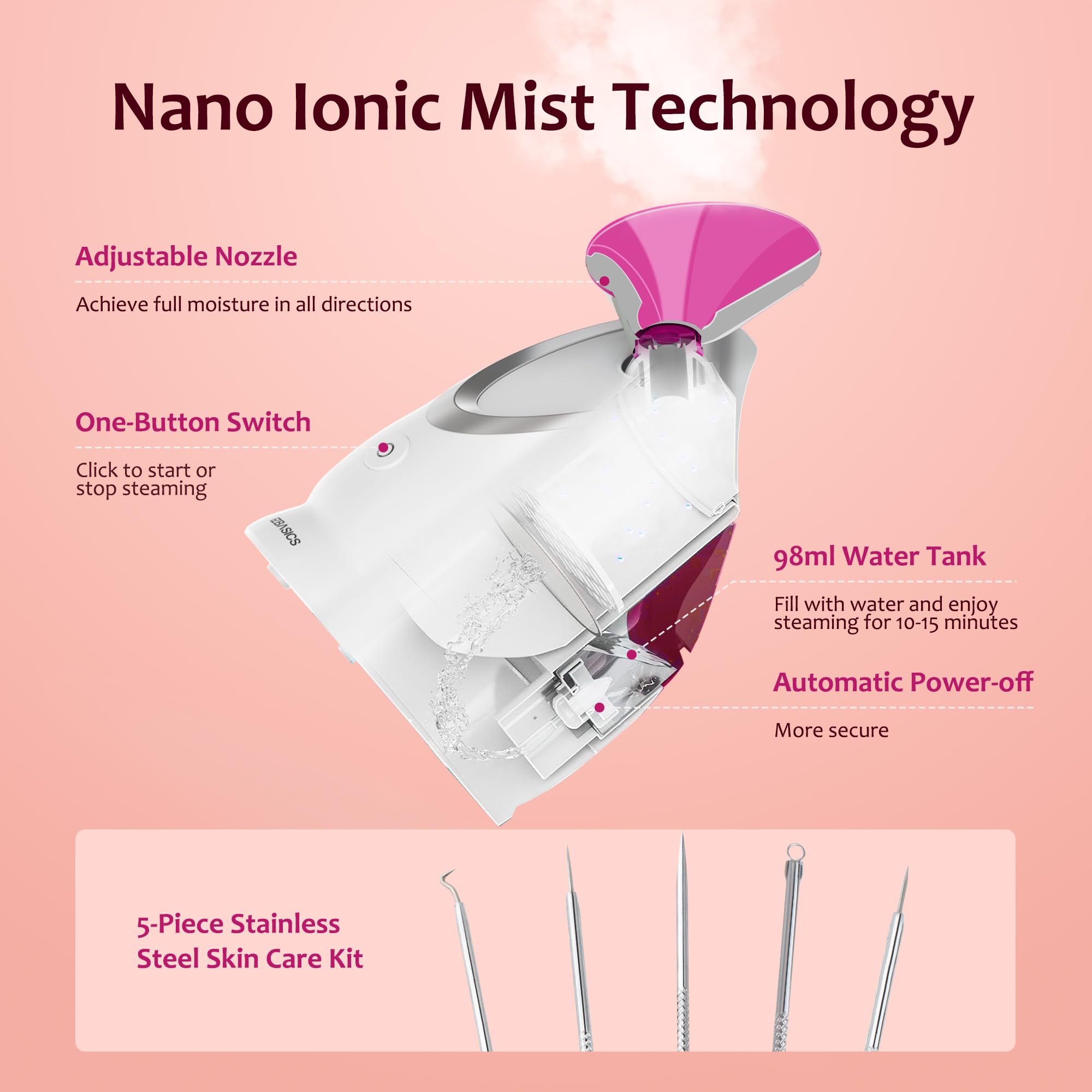 Vapeur Visage Vaporisateur EZBASICS Sauna Spa Facial Chaude Nano Ionique Visage Steamer Humidificateur Appareil Outils Nettoyage Pores 1 Pack + 5 Stainless Steel Skin Kit Rose