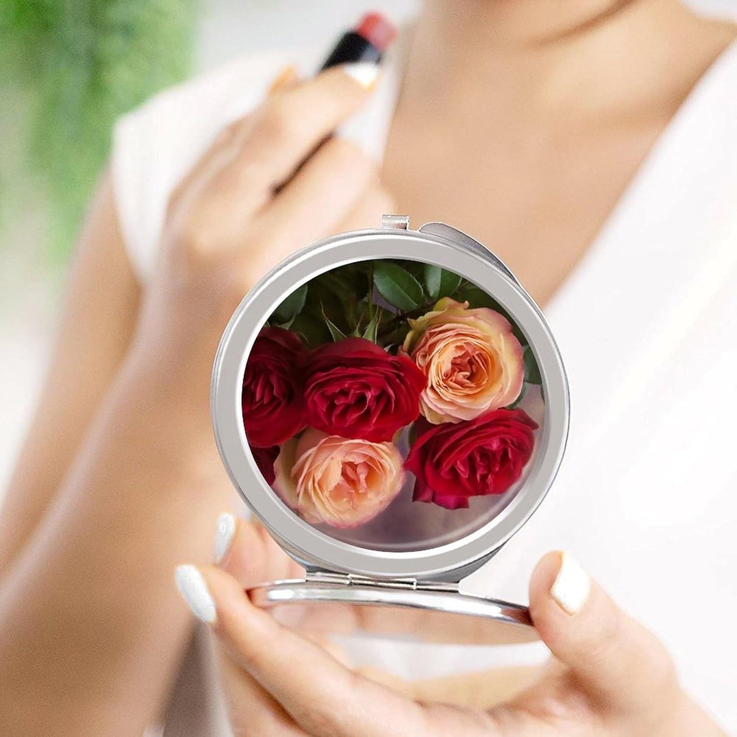 Travel Garden Roses Makeup Mirror Compact Pocket Vanity Mirror Double-Sided 2X /1x Magnifying Round Folding Handheld Cosmetic Beauty Mirrors for Purse Handbag image 4