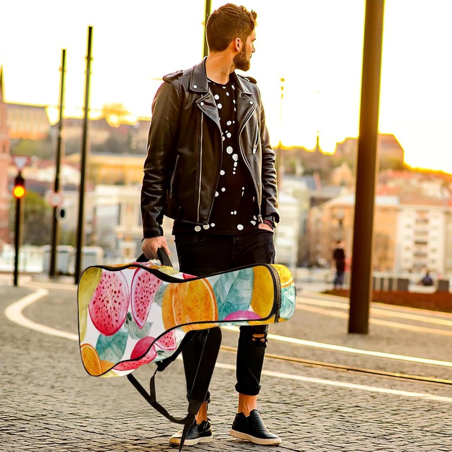 Watercolor Fruit Seamless Pattern Acoustic Guitar Gig Bag, 1 cm Thick Padding Waterproof Guitar Bag Backpack for 40 41 42 Inch Electric Bass Classical Guitars