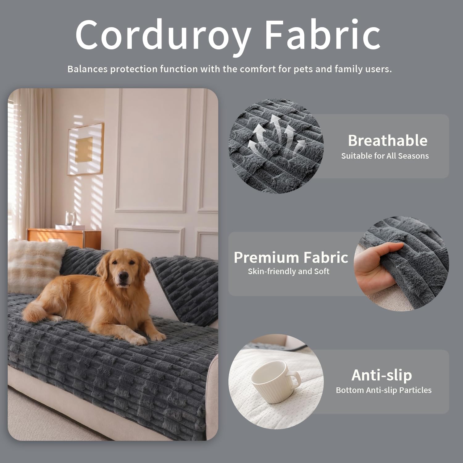 Couch Cover for Dogs, Plush Pet Couch Cover for Sofa Washable, Pet-Friendly Non-Slip Sofa Cover for 2 Cushion Sofa, Durable Slipcover Protector (Grey, 35 x 82 Inch)