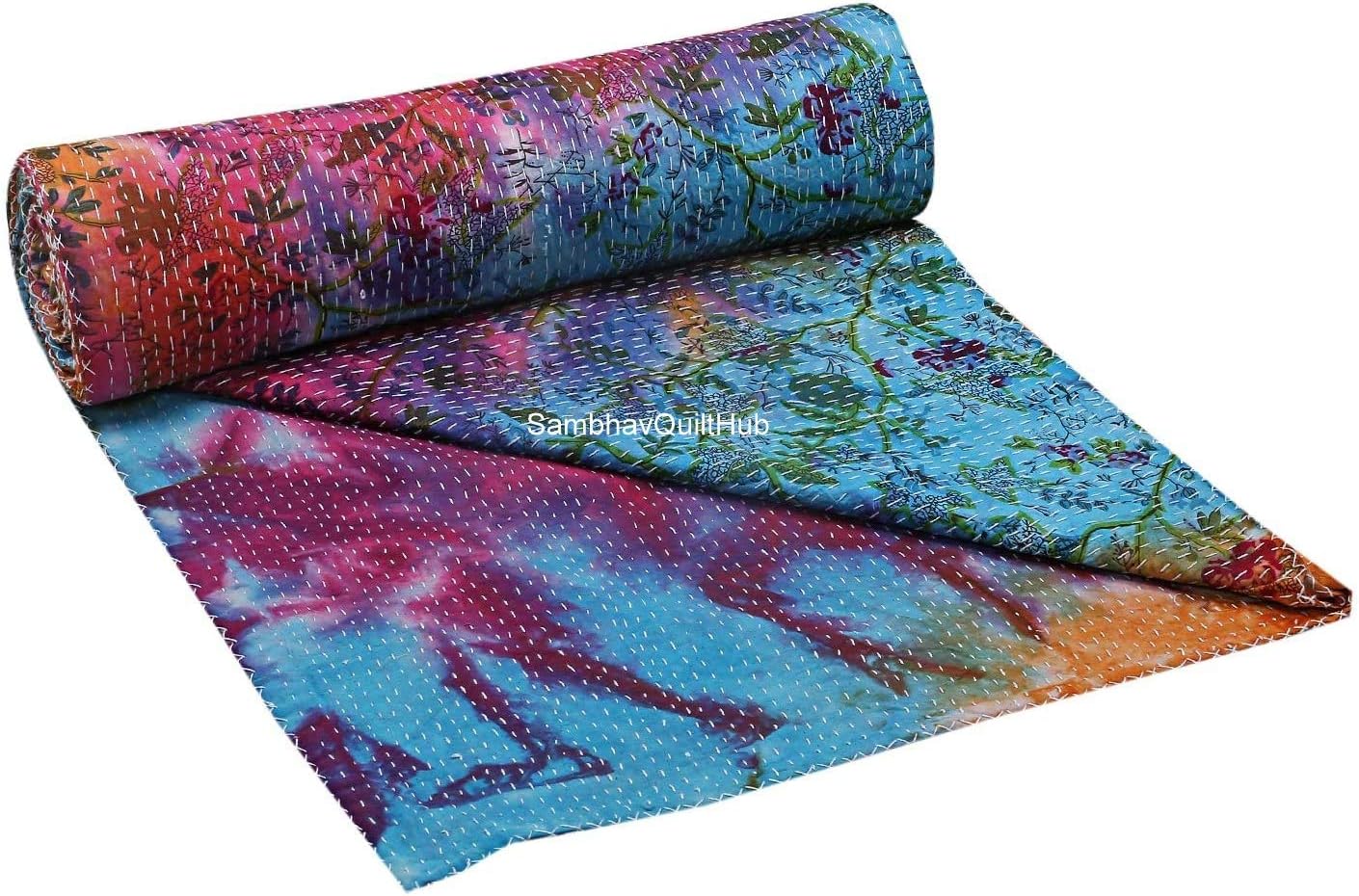 Queen/Twin/King Handmade Multi Tye Dye Floral Print Quilting Screen Print Kantha Quilt Kantha Bed Cover Bedspread Bohemian Bedding Kantha Blanket Throw (60X90 inches)
