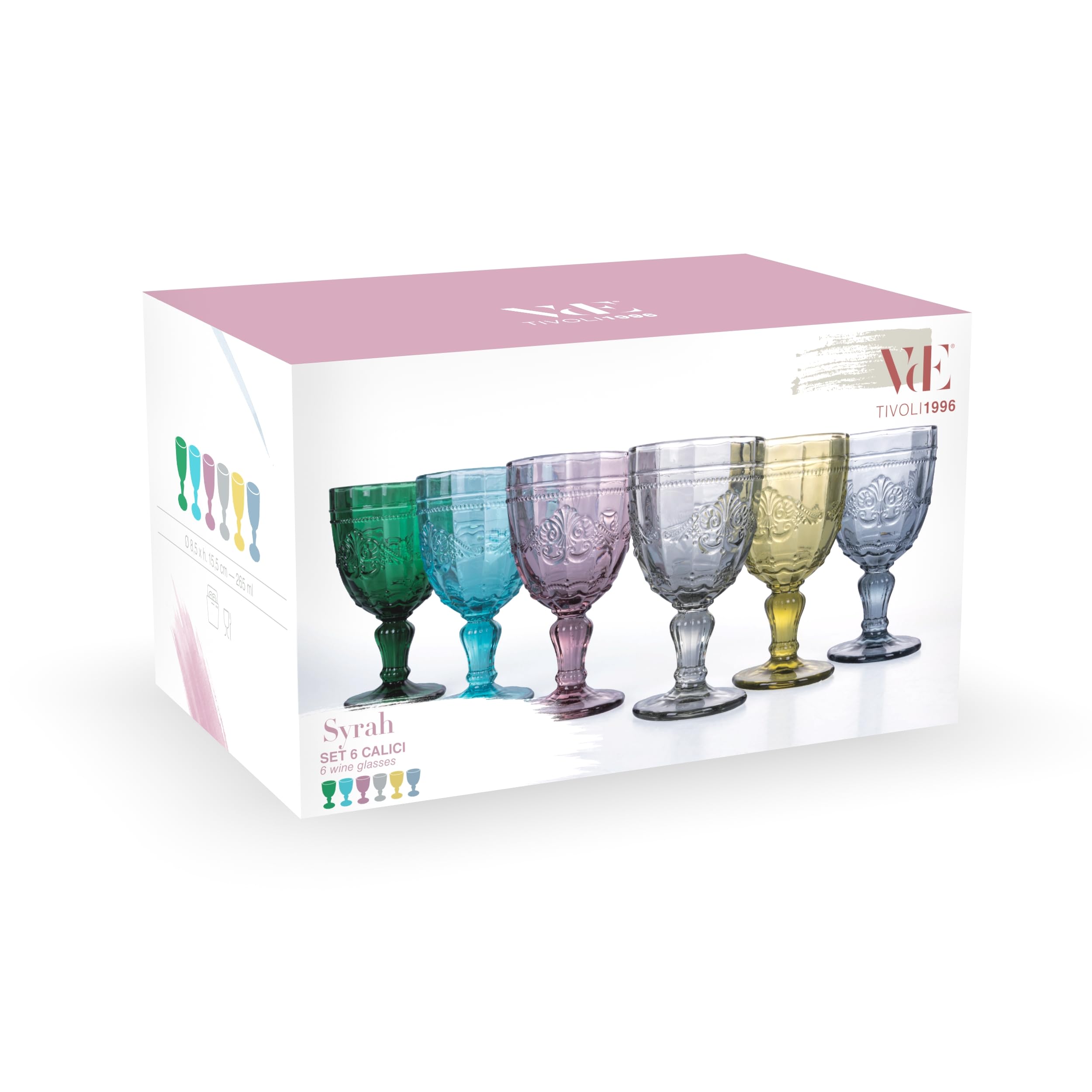 Villa d'Este Home Tivoli 1996 Lot de 6 verres 265 ml en verre Motif guilloché, Syrah