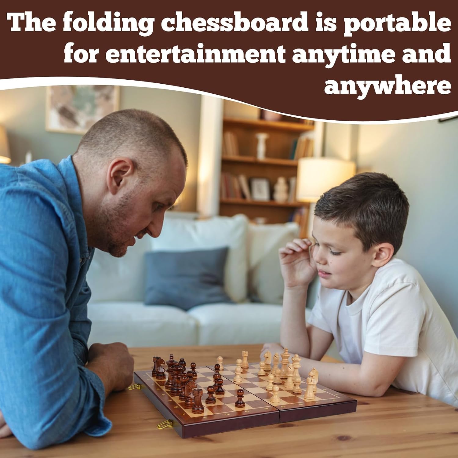 Wooden Chess Set, 15" Magnetic Chess Board – Foldable Travel Board Game & Checkers with Storage, 2 Extra Queens, Classic Game for Adults & Kids