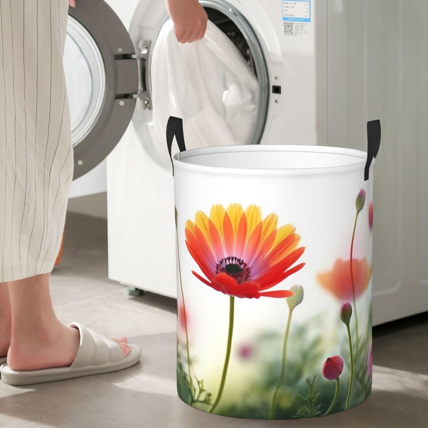 Nature Flower print Circular Hamper Waterproof Storage Bin Organizer Basket Laundry Hamper With Handles For Clothes Toys Medium