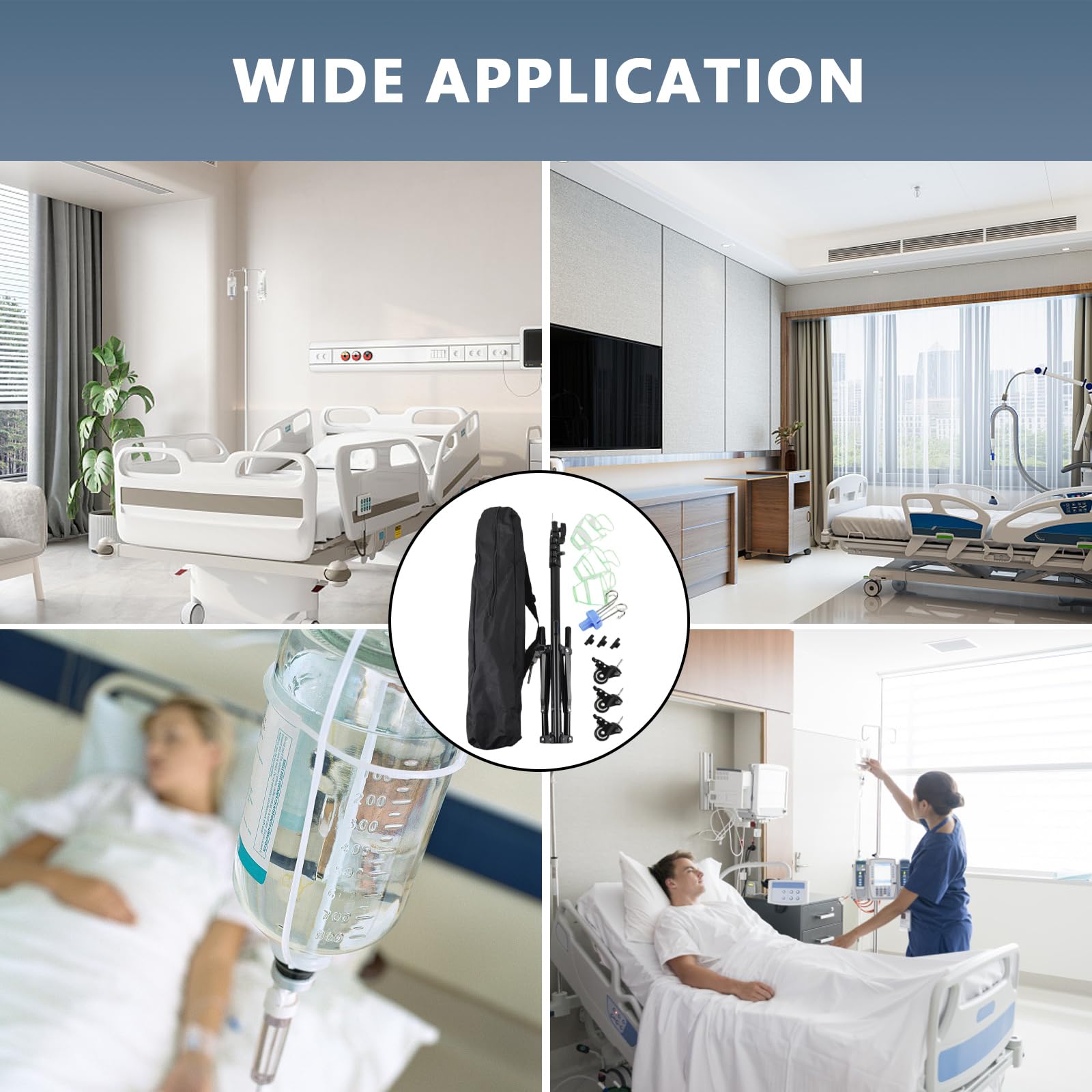 Soporte de Infusión Ajustable con Ruedas, Barra IV Plegable, Altura Ajustable 85 cm-190 cm, Soporte Intravenoso Portátil con 4 Ganchos y Trípode estable, Para Hospital y Cuidado del Hogar