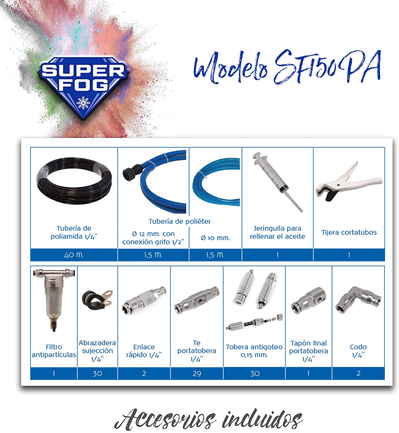 Kit de nebulización con 30 Puntos de enfriamiento. Refrigeración por Agua pulverizada. Neblina refrescante para Patios, terrazas y áreas Exteriores Desde 5 hasta 50 Metros Cuadrados, SF150-PA