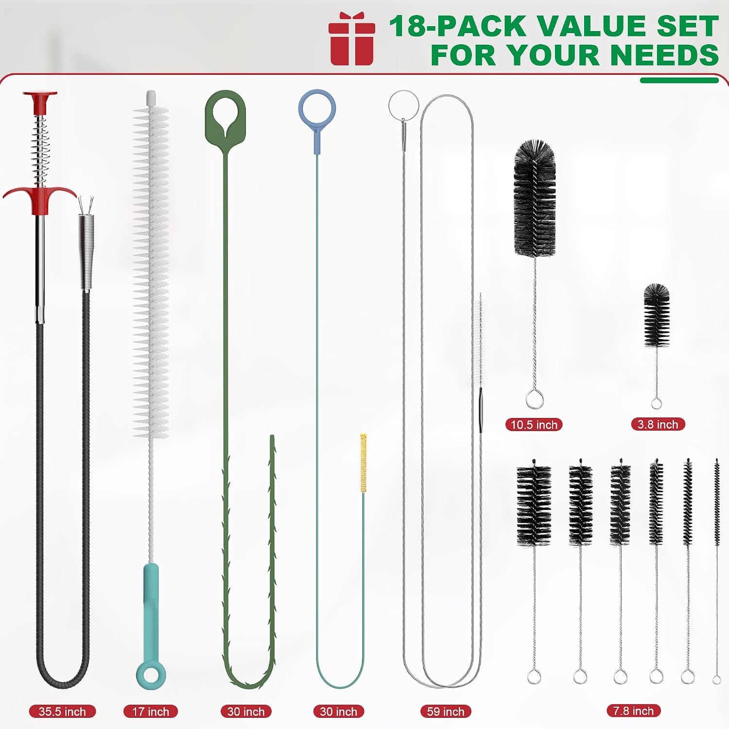 EastLink Drain Snake Tool Set 18Pcs, Drain Clog Remover & Cleaner Brush Kit | Versatile Set with Sink Snakes, Grabber Tool & Cleaning Brushes, For Sinks, Bathtubs, Showers, Dryer Vents, Tubes & Straws