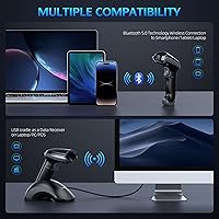 Vista 4 de TEEMI Escáner de código de barras Bluetooth 1D 2D con base de carga USB y receptor de datos, lector de código QR inalámbrico, escaneo