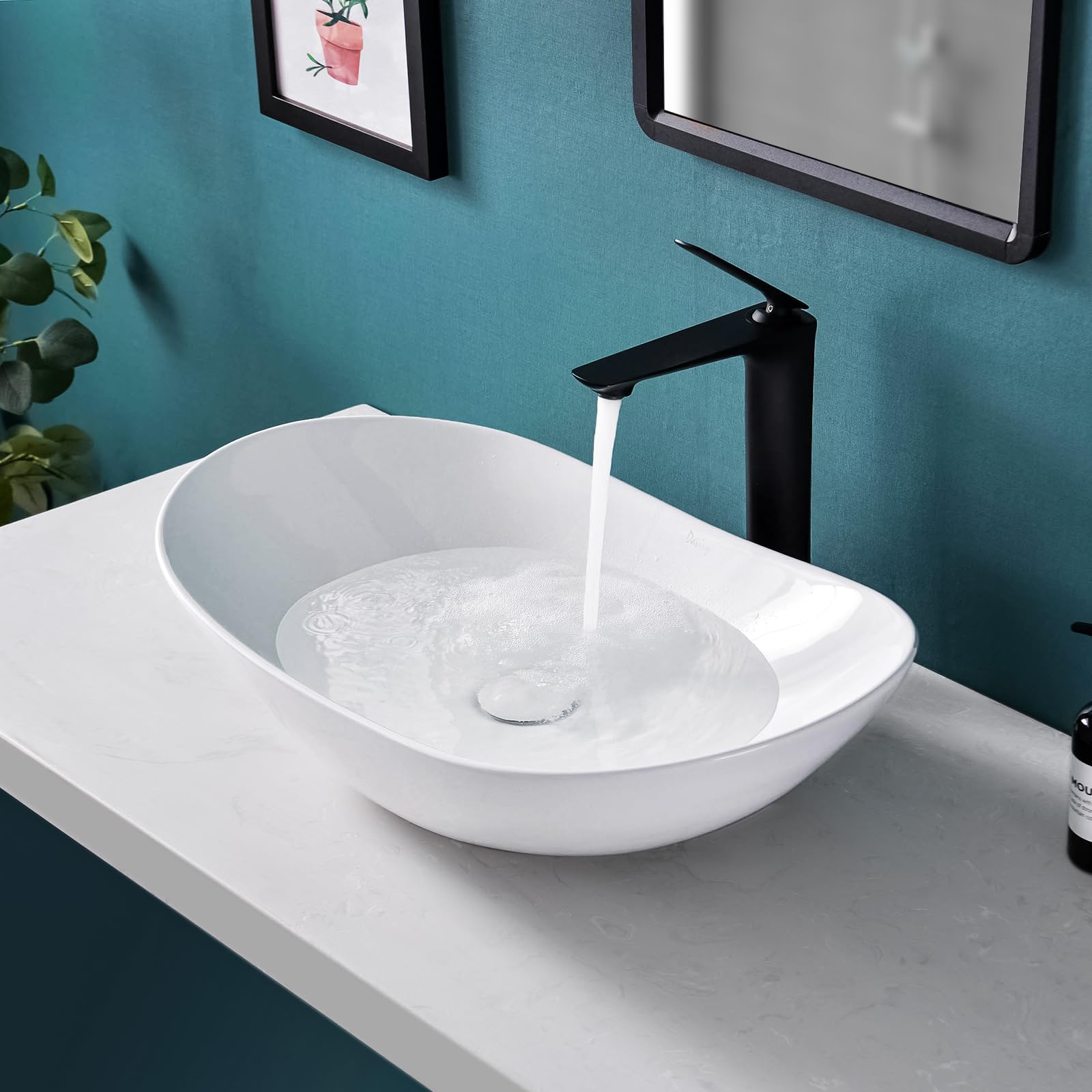 Fregadero ovalado grande de 24 x 13.8 pulgadas con drenaje desplegable, fregaderos de baño, lavabos de baño sobre encimera, fregadero de recipiente blanco, fregadero de cerámica y cuencos 2