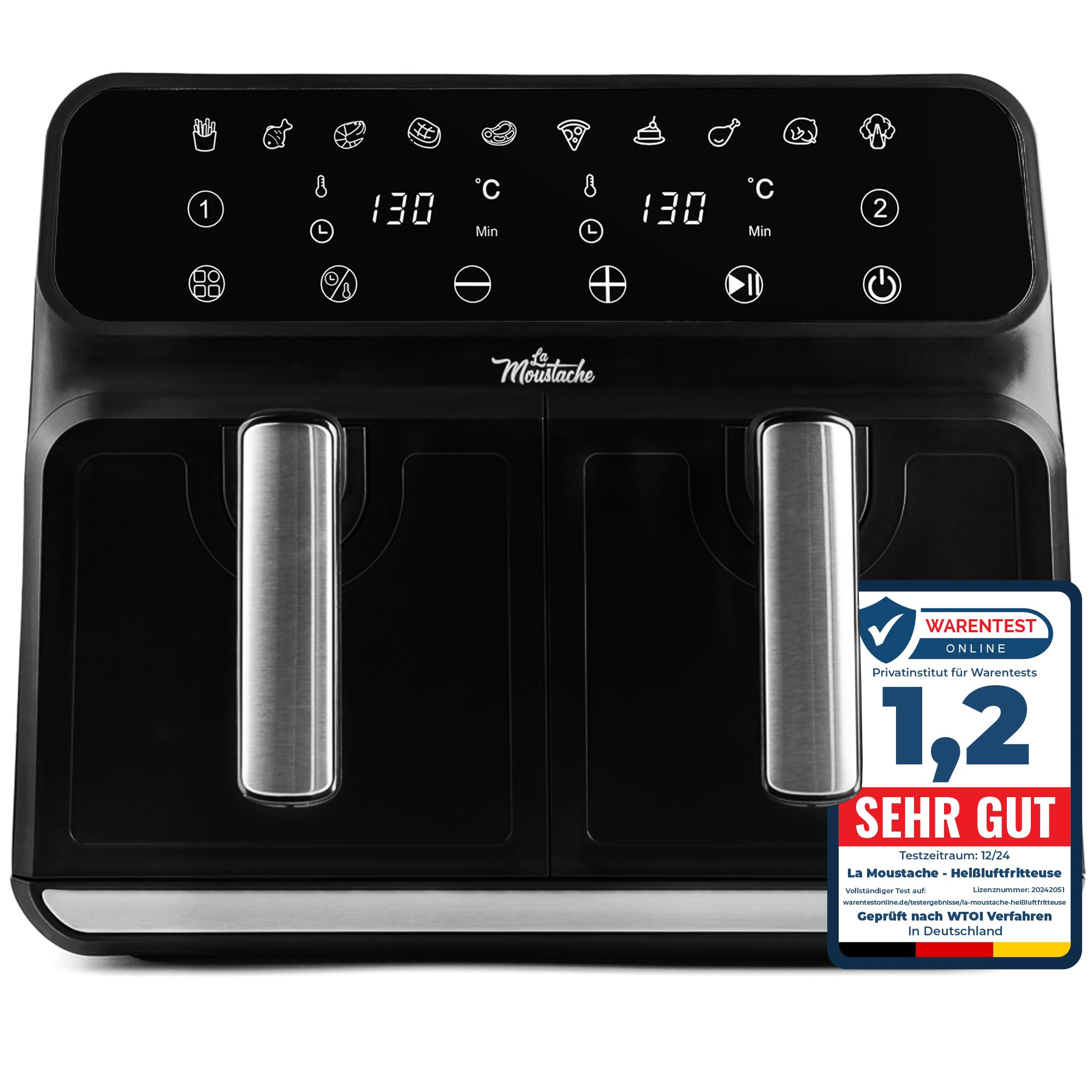 La Moustache - Heißluftfritteuse XXL, 2 Fächer, 8L Inklusive【E-Book mit 50 Rezepten】6 Kochfunktionen, 10 Programme, Air Fryer mit Antihaftbeschichtung, Max 220°C, Timer, 1700W (DuoFry Black)