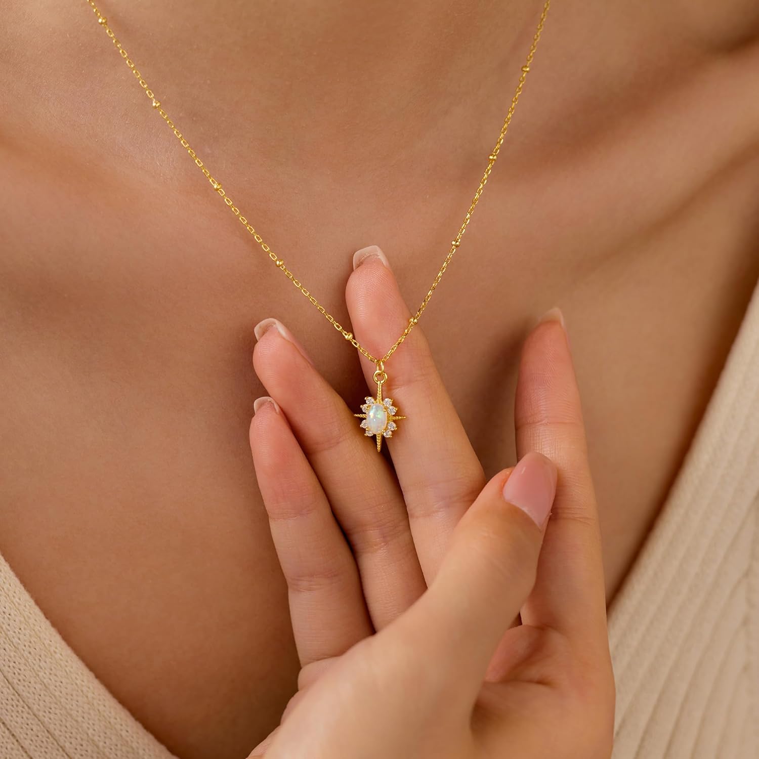 LOVECOM 925 Sterling Silver North Star Opal Necklace for Women Dainty 14K Gold Plated 12 Pointed Star Pendant Necklace Trendy Cubic Zirconia Chain Jewelry Birthday Gift for Mom Daughter - Image 3
