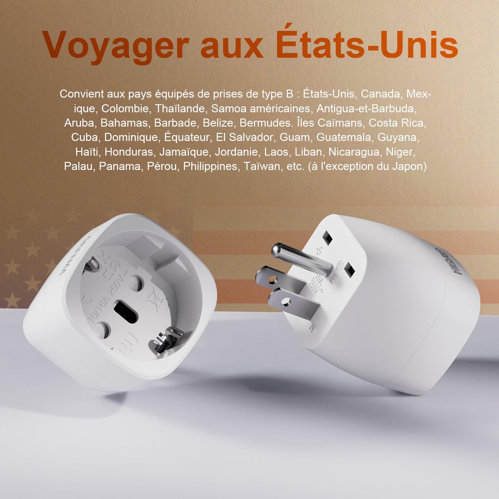GRIFEMA Adaptateur Prise USA, Fiche France vers États-Unis Canada Mexique Thaïlande Type B, Connecteur de Voyage avec Maintien Ferme, Matériau Ignifuge PC, 250V 10A, 2 Pièces