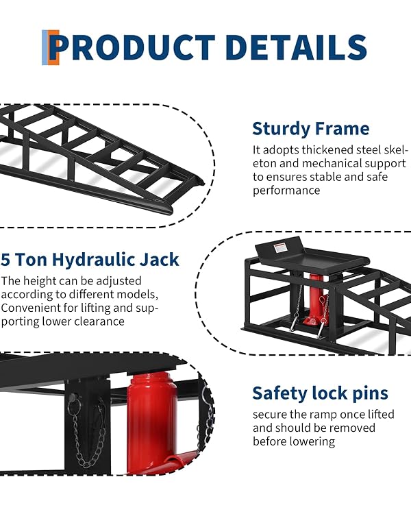 Garvee 2 Pack Hydraulic Car Ramps for Oil Changes, 5 T 11050 LBS Heavy Duty Steel Car Lift Ramp - Low Profile, High Lift 9.4 in-13.34 in, Safety Garage Ramps for Trucks & Vehicles, Black by Garvee - Image 4