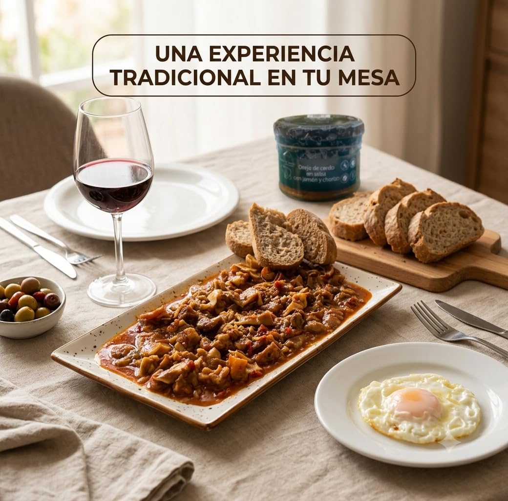 Oreja de Cerdo en Salsa con Jamón y Chorizo Conservas Premium, Receta Tradicional Artesana, Plato Preparado Calentar y Servir, Sin Gluten, Sin Conservantes, Pack de 8 x 430g