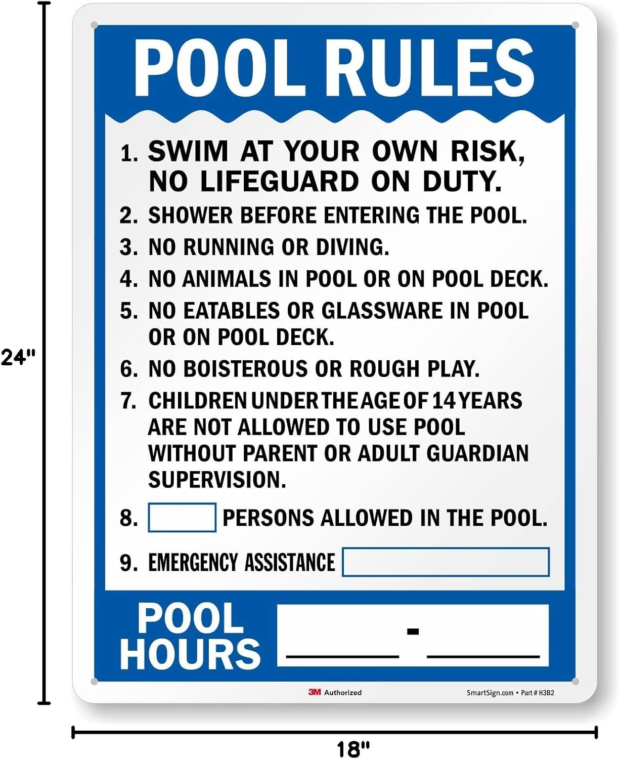 SmartSign 24" x 18" 'Pool Rules Swim At Your Own Risk, Shower Before Entering, Emergency Assistance, Pool Hours' Metal Sign Write-On, 80 mil 3M Laminated EG Reflective, Blue/White, USA-Made