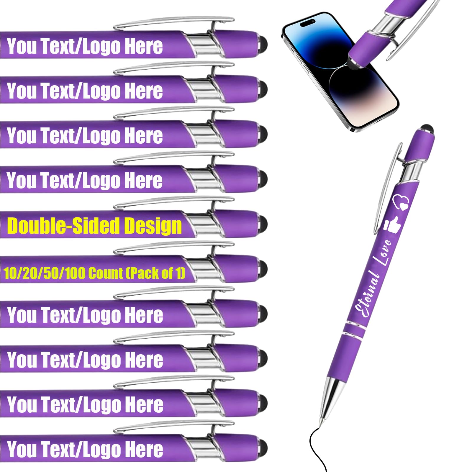 Personalised Gel Ink Rollerball Pens Bulk, Retractable Ballpoint Pens, Customised Laser Engraved Stylus with Name,Text,Logo Metal Ballpoint Pen Gift for Office Business School Purple 20 PC — image 1