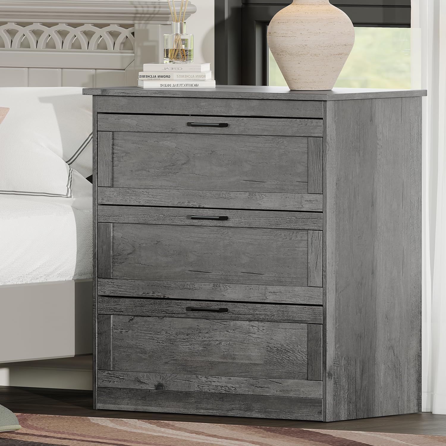 Vikiullf Farmhouse Chest of Drawers, Small Dressers with 3 Drawers for Bedroom, Living Room, Wooden Storage Cabinet, Grey
