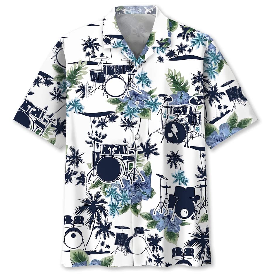 Hawaiian Drum Shirt Men Short Sleeve Drummer Button Down Shirt - Vintage Drum Shirts for Men