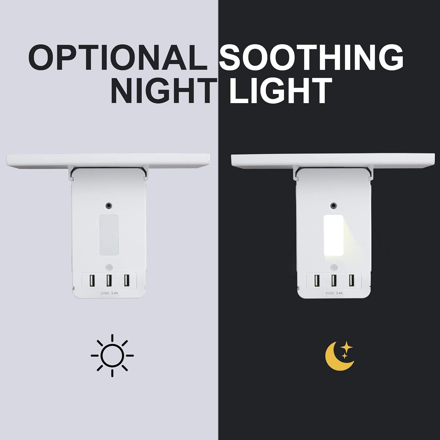 2 Pack Wall Outlet Extender with USB, 6 Outlet & 3 USB Surge Protector, Removable Built-In Shelf Multi Plug, LED Night Light,1020 Joules