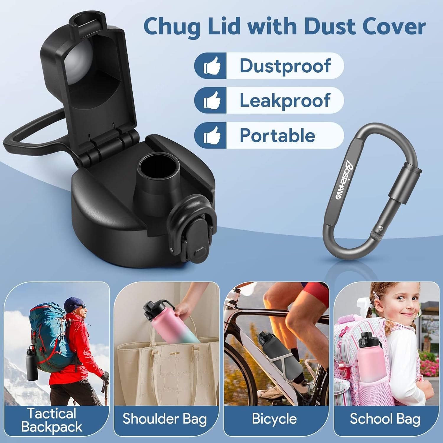 Water Bottle Lid Replacement for Wide Mouth with D-ring shape locking carabiner, Auto Spout and Button Lock, Compatible with Hydro Flask, Bubba, Contigo, Iron Flask, Takeya and Other Brand - Image 4