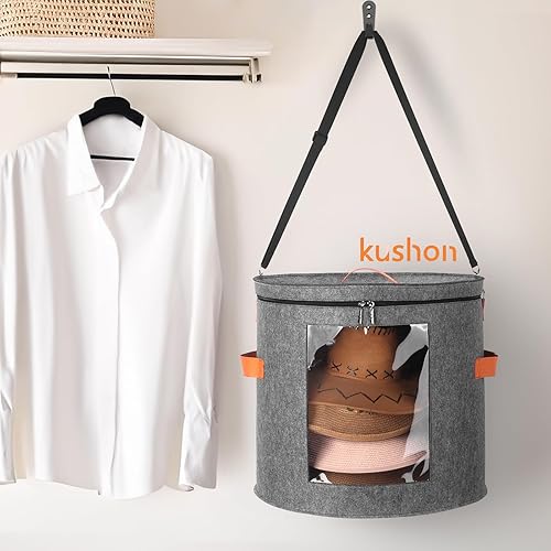 Miniatura 5 de kushon Oversized Hat Storage Box for Women & Men19" D x 17" H Cowboy Hat Boxes with 1 Wood Hook Felt travel Round Hat Organizer Box with Dustproof