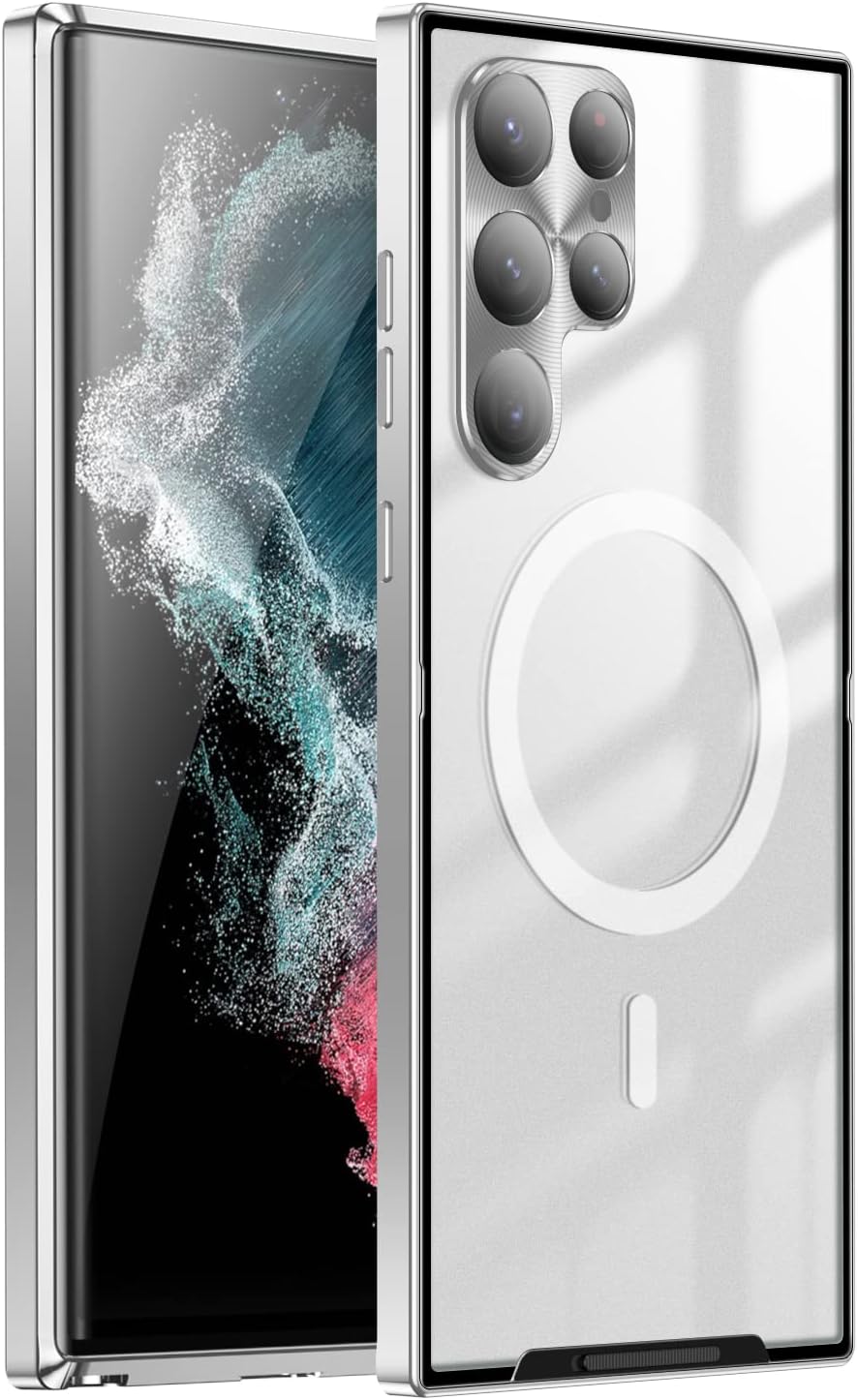 Magnetic Case for Samsung Galaxy S24 Ultra Compatible with Magsafe Metal Bumper Frame Magnetic Adsorption Full Body Protective Case with Safety Lock, Silver