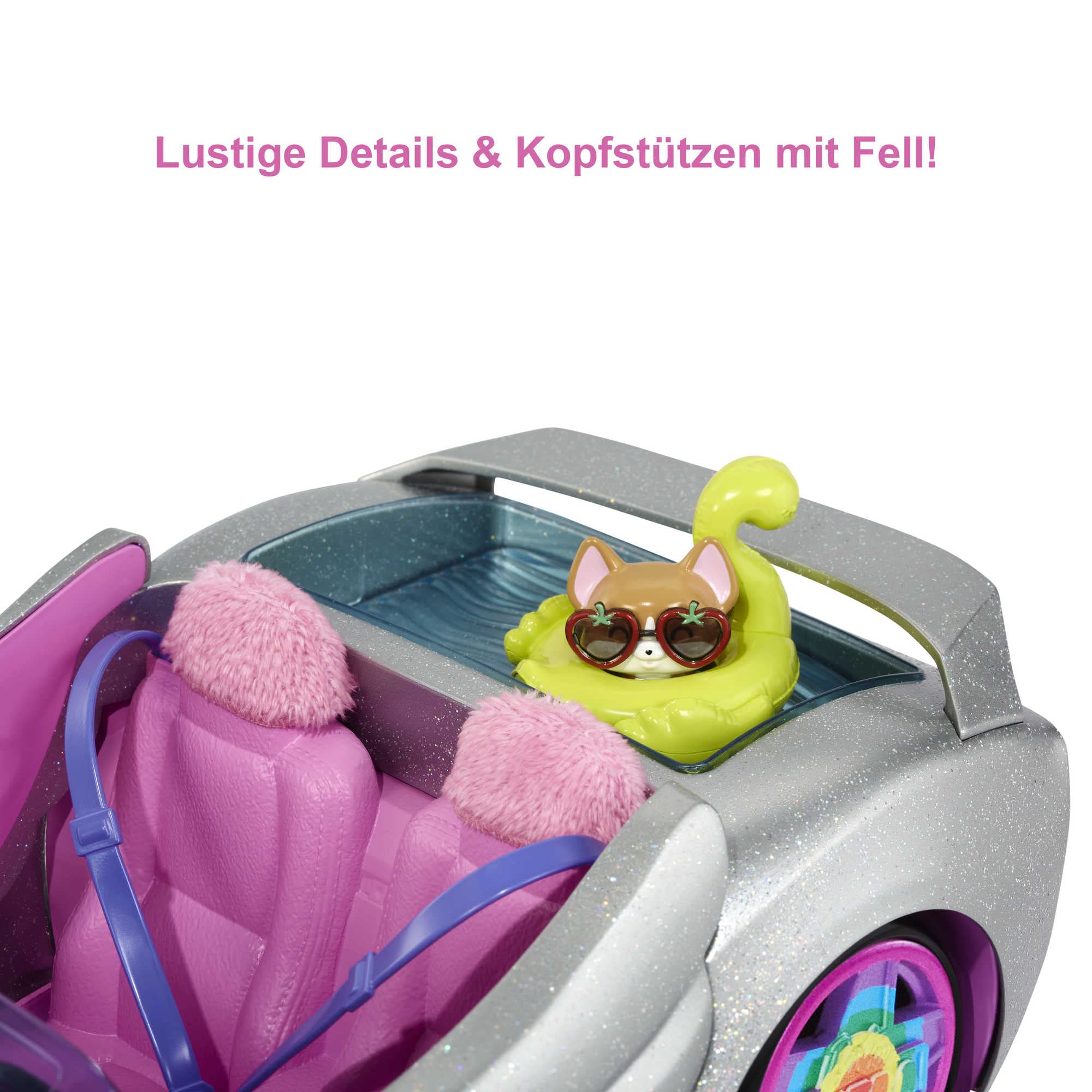 Barbie Extra, Auto Cabrio, in Silber, mit beweglichen Rädern inkl Zubehör Kleidung und Haustier, Spielzeug ab 3 Jahre, HDJ47