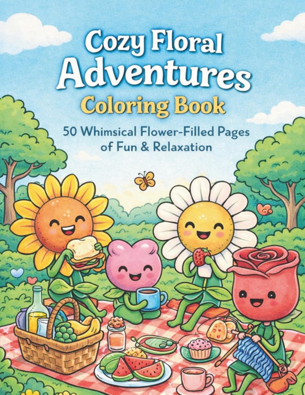 Cozy Floral Adventures Coloring Book: 50 Whimsical Flower-Filled Pages of Fun & Relaxation: Single-Sided Pages with Gentle Illustrations for Calm, Creative Coloring