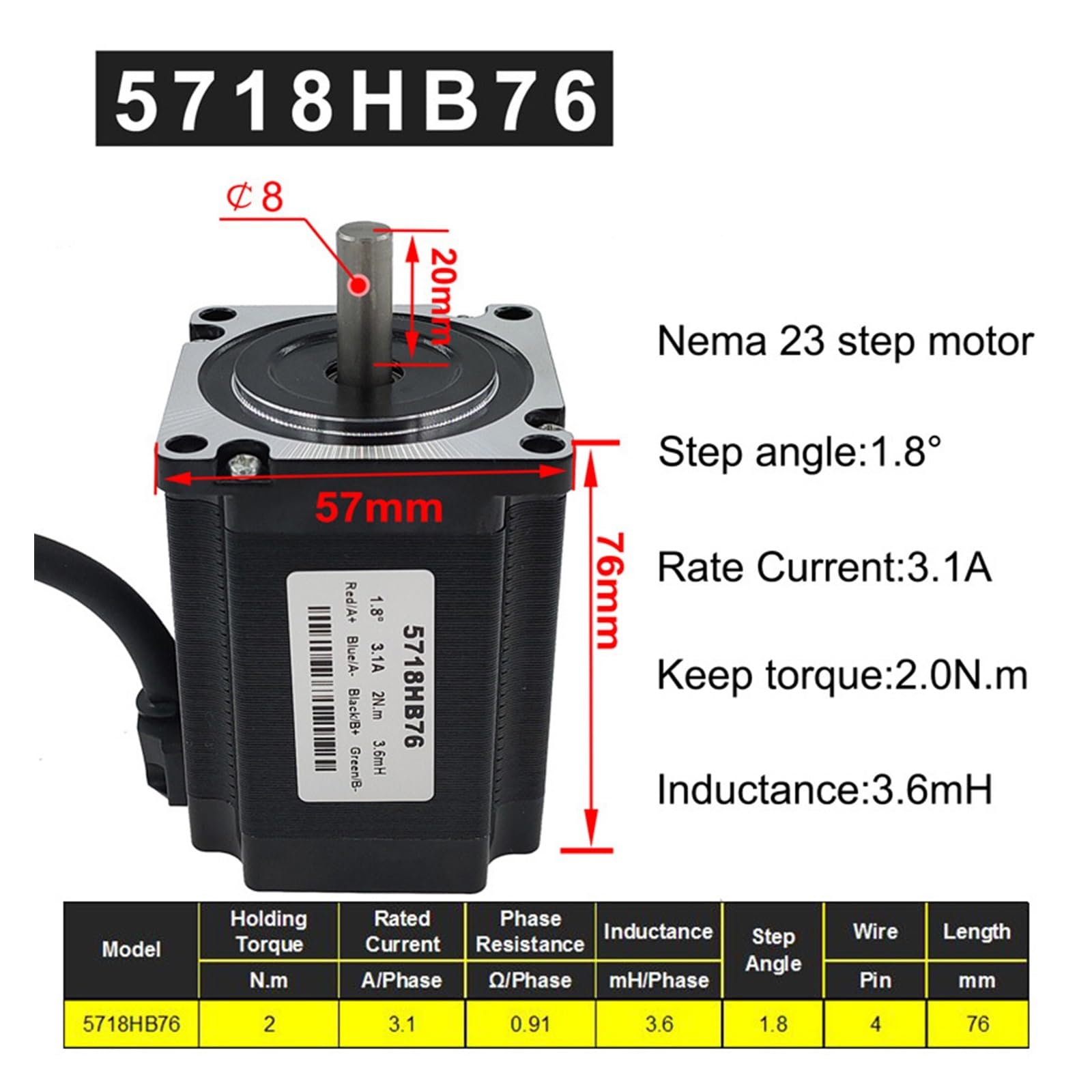 57 Silnik krokowy 76 mm 2 fazy 1,8 stopnia 3, A Nm Hybrydowy silnik napędowy Nema 23,Precyzyjny obrót