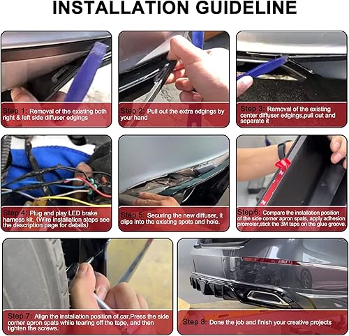 Miniatura 6 de Partselect 3 piezas de difusor de parachoques trasero con luz de freno + espátulas de delantal de esquina trasera, color blanco brillante, repuesto