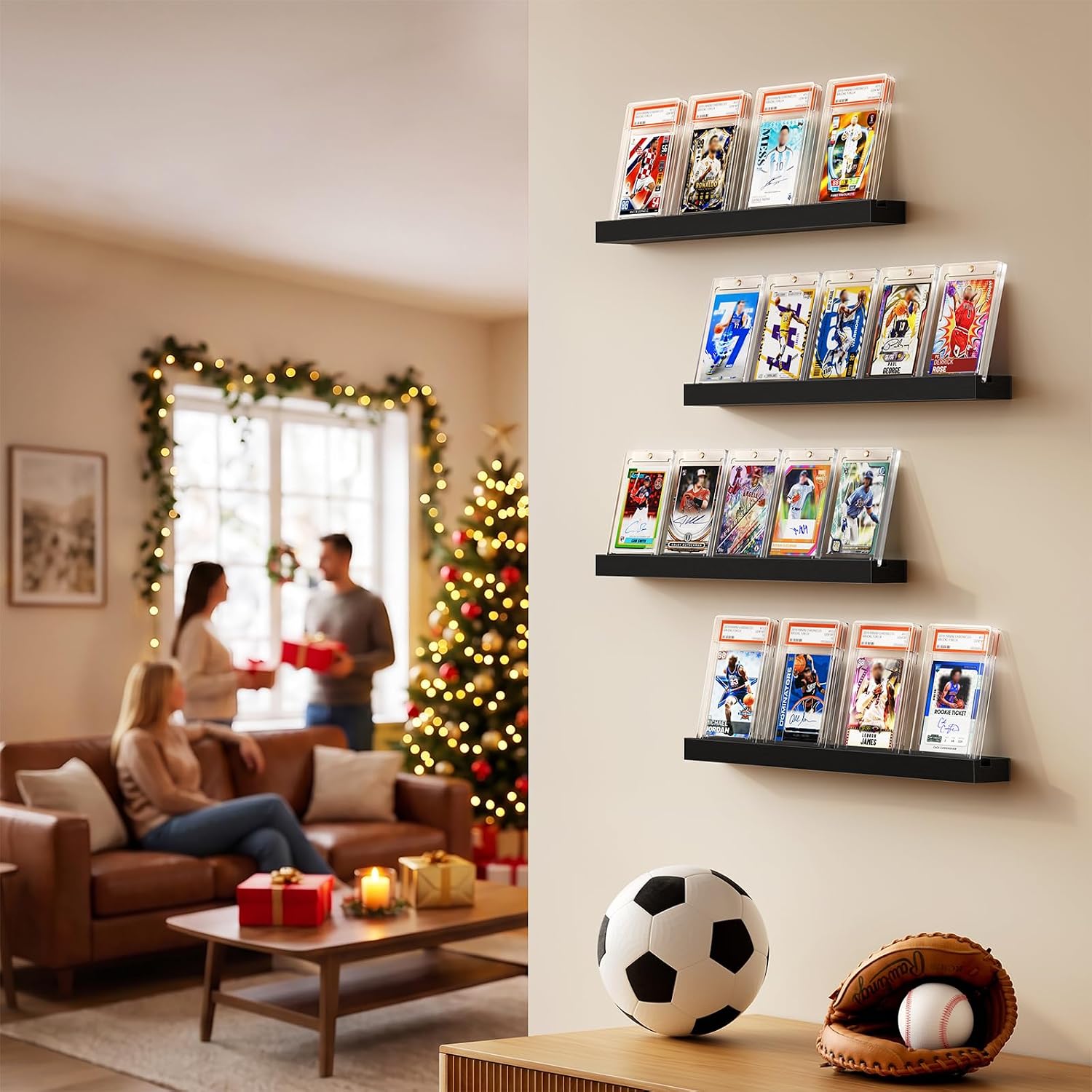Emfogo Trading Card Display Shelf for Wall, Holds 20 Sports Cards, 4 Pack | Wooden Graded Card Display Wall Mounted, Sports Card Display Shelf for Baseball, Basketball, Football Cards Collection, Black