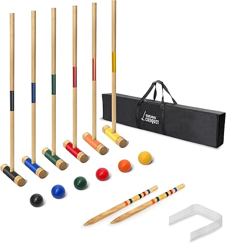 Miniatura 9 de SPORT BEATS Juego de croquet para seis jugadores de madera de goma de 32 pulgadas con funda de transporte, 6 bolas, 9 mechones, 2 estacas