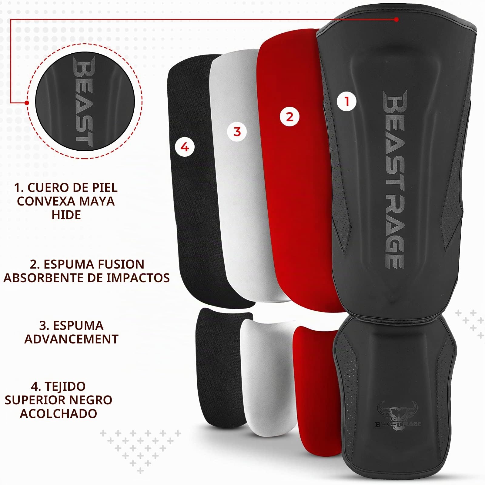BEAST RAGE Espinilleras para Kickboxing Muay Thai, MMA, espinilleras de Artes Marciales, Protector de piernas con protección en el Empeine, Equipo de Entrenamiento de MMA, BJJ Karate Boxing