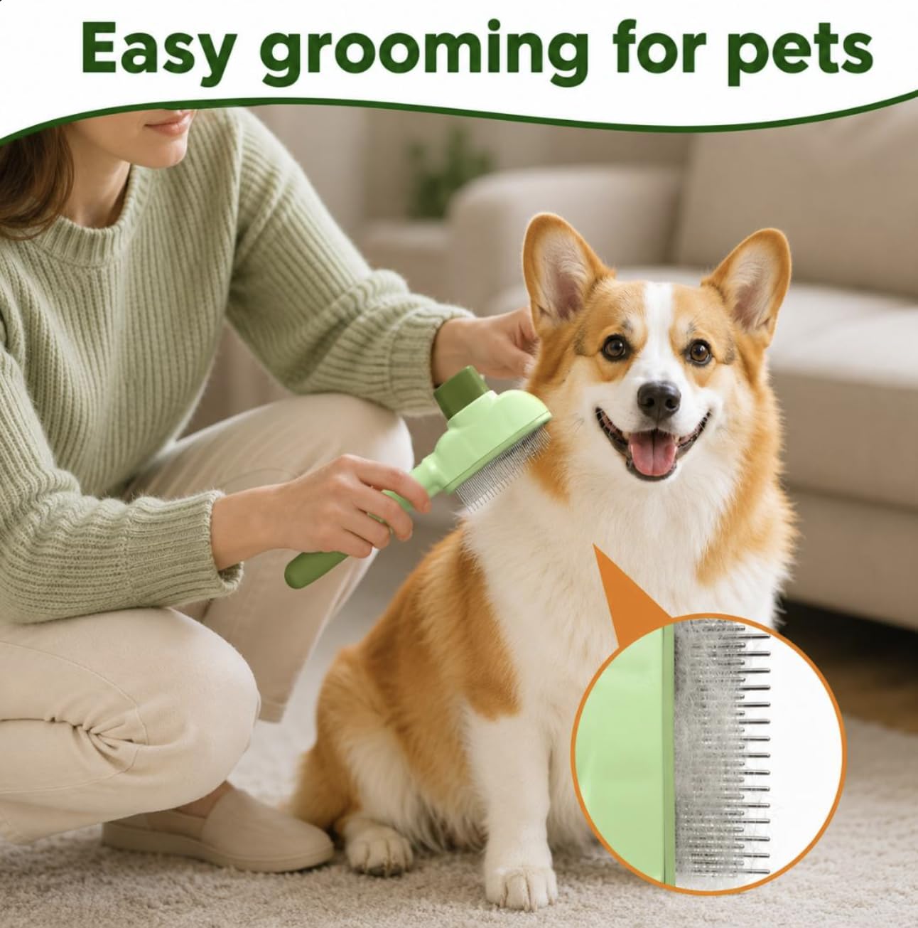 Self Cleaning Pet Grooming Brush for Dogs & Cates, One-Click Deshedding Brush for Long & Short Hair, Removes Loose Fur, Stainless Steel Pins, Easy Grip Handle, Green And Yellow