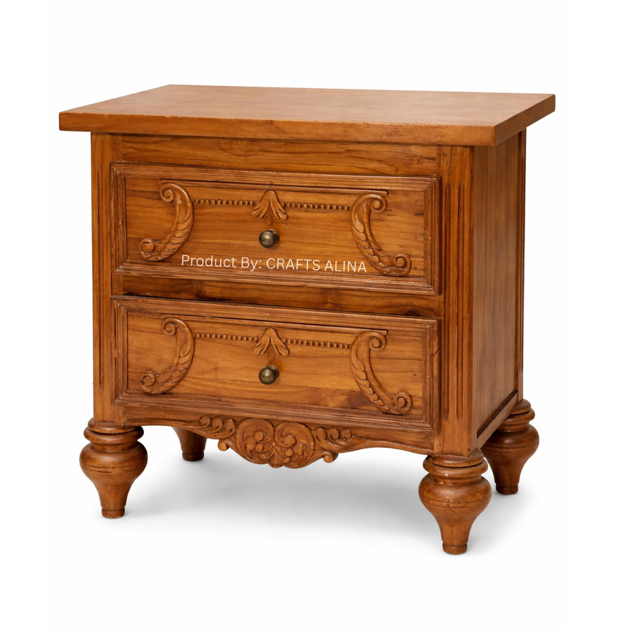 Hand-Carved Solid Wood Bedside Table | Traditional 2-Drawer Nightstand for Bedroom & Living Room | Sheesham Wood End Table with Storage | Teak Finish Furniture | No Assembly Required-picture-11