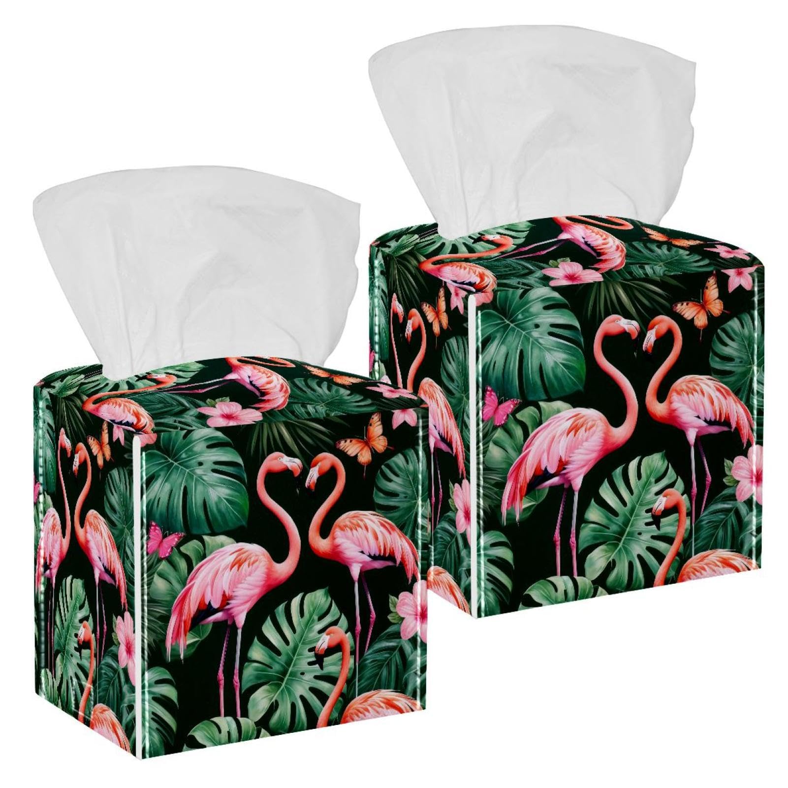 Tropical Flamingos Tissue Box Cover, 2 Pack PU Leather Square Facial Tissue Dispenser Box holder for Home Office Car