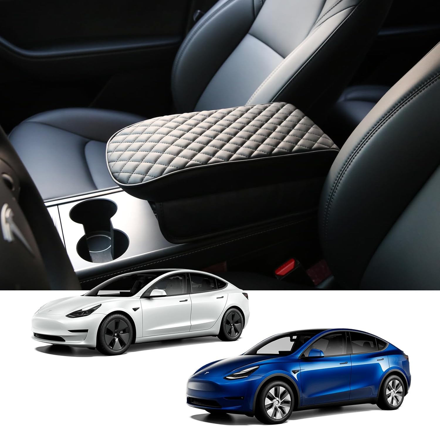 for Tesla Armrest Cover for Model 3 Armrest Cover for Model Y Arm Rest Cover Car Armrest Box Cover PU Center Console Cover for Tesla Accessories (PU+Memory Foam, Black)