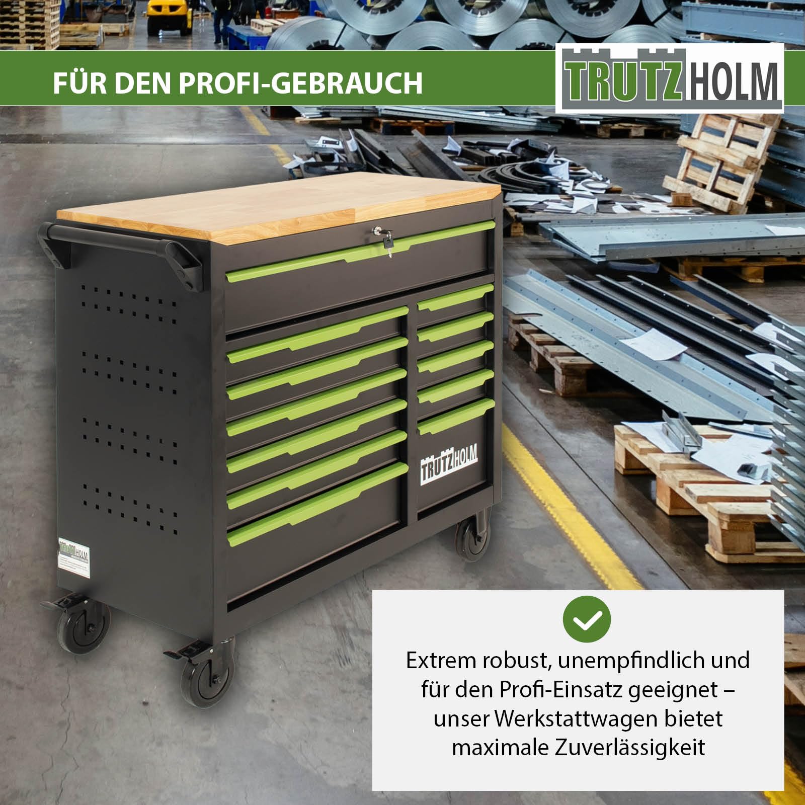 TRUTZHOLM Werkstattwagen Star XL 12 Schubladen unbestück Hartholz-Arbeitsplatte schwarz/grün 103 x 112 cm mit Feststellbremsen, abschließbar