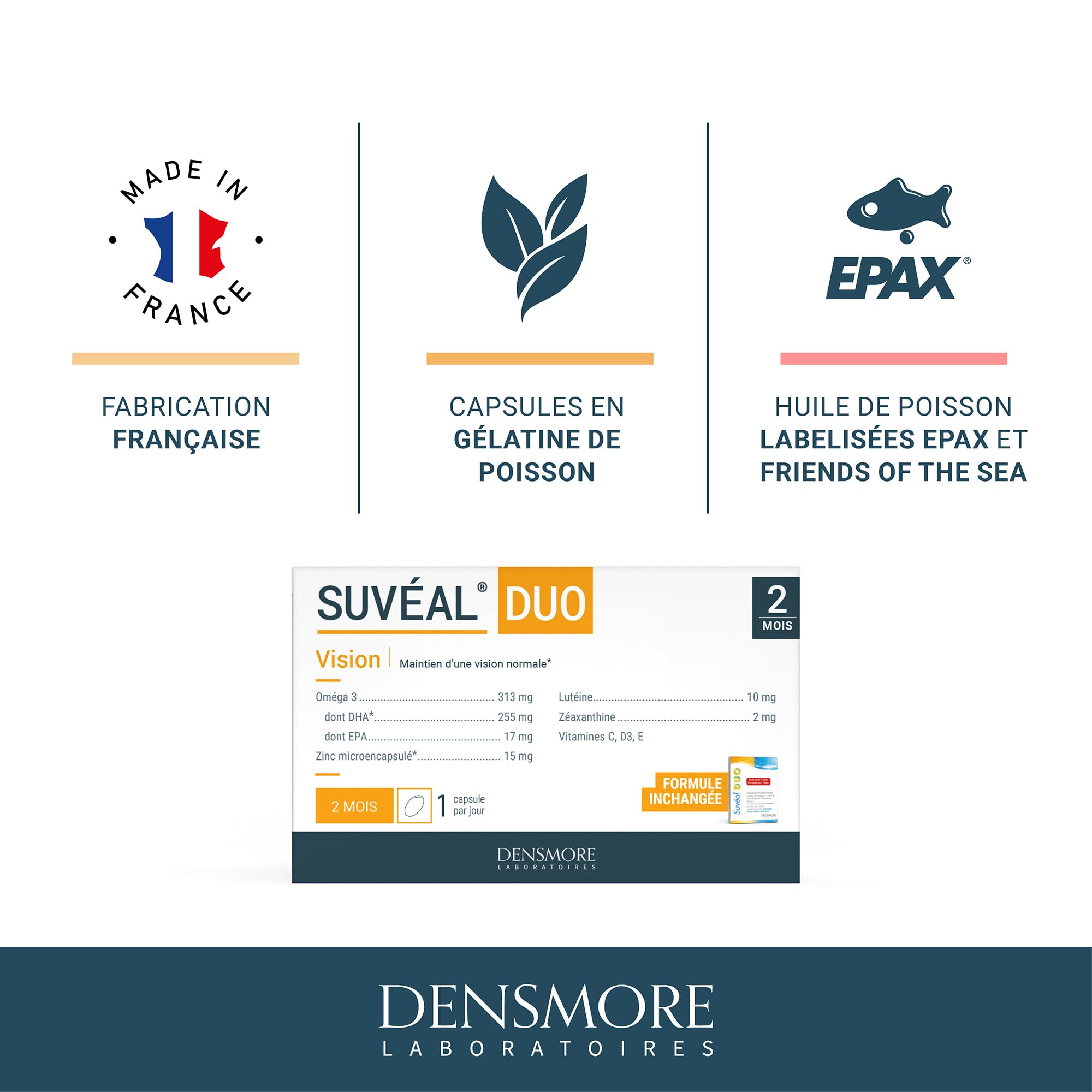 Densmore - SUVEAL Duo - Complément Alimentaire Ophtalmologique à base de DHA (Oméga 3), Lutéine, Zéaxanthine, Vitamines et Zinc - Idéal Vision - 60 Capsules - Cure de 2 mois - Fabriqué en France